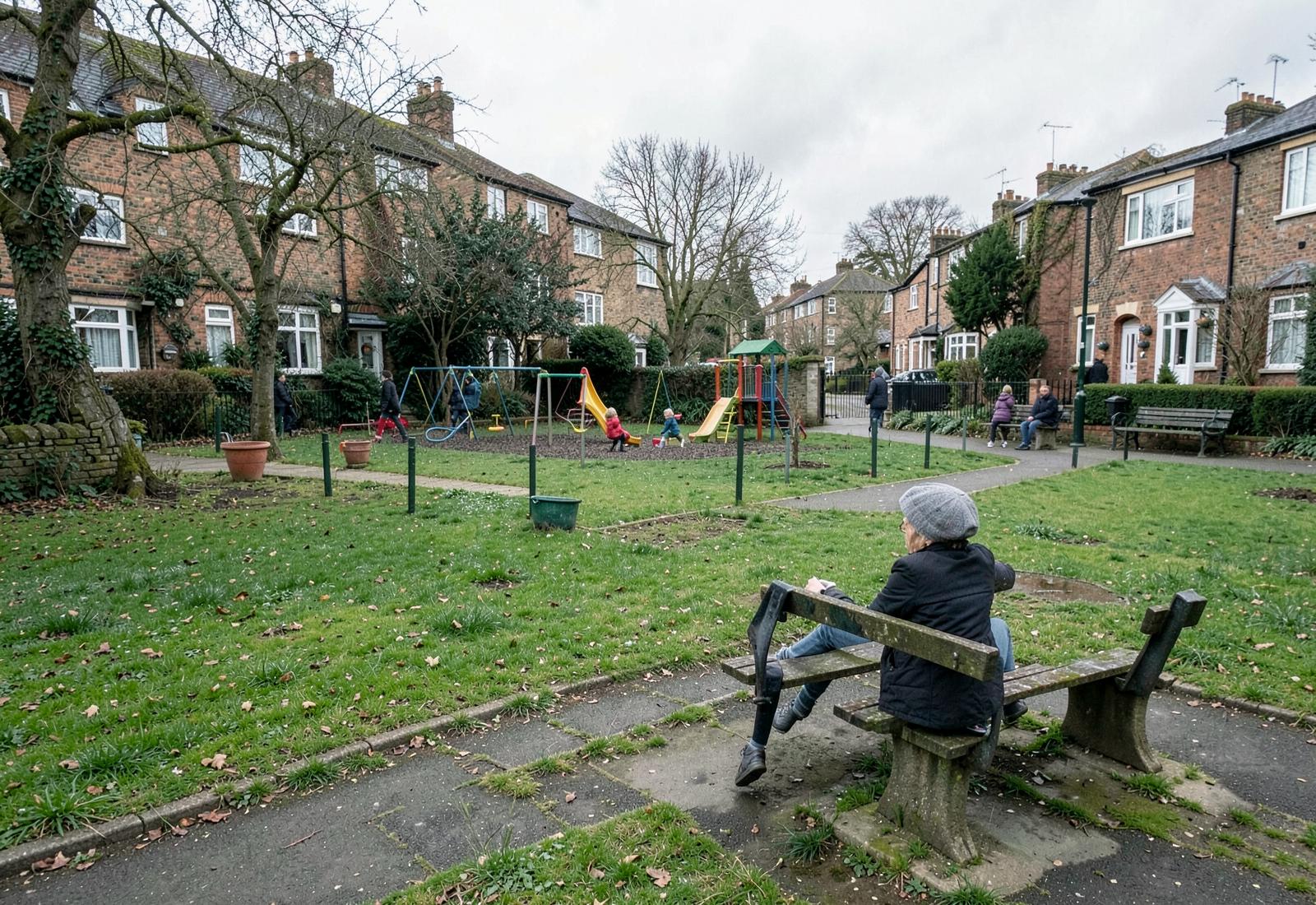 Community green space with trees beside residential homes