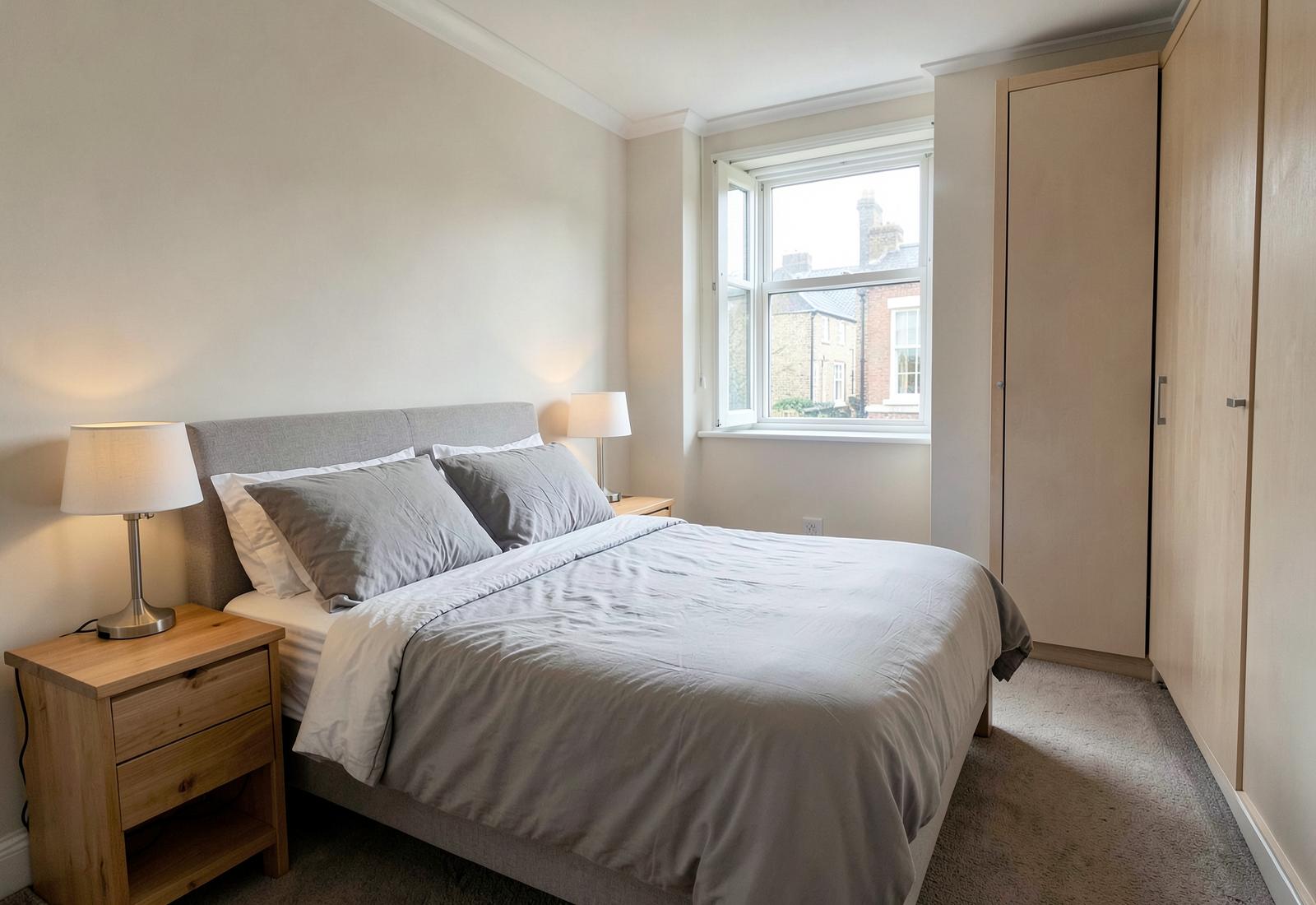 Neatly made double bed in a light, calm bedroom