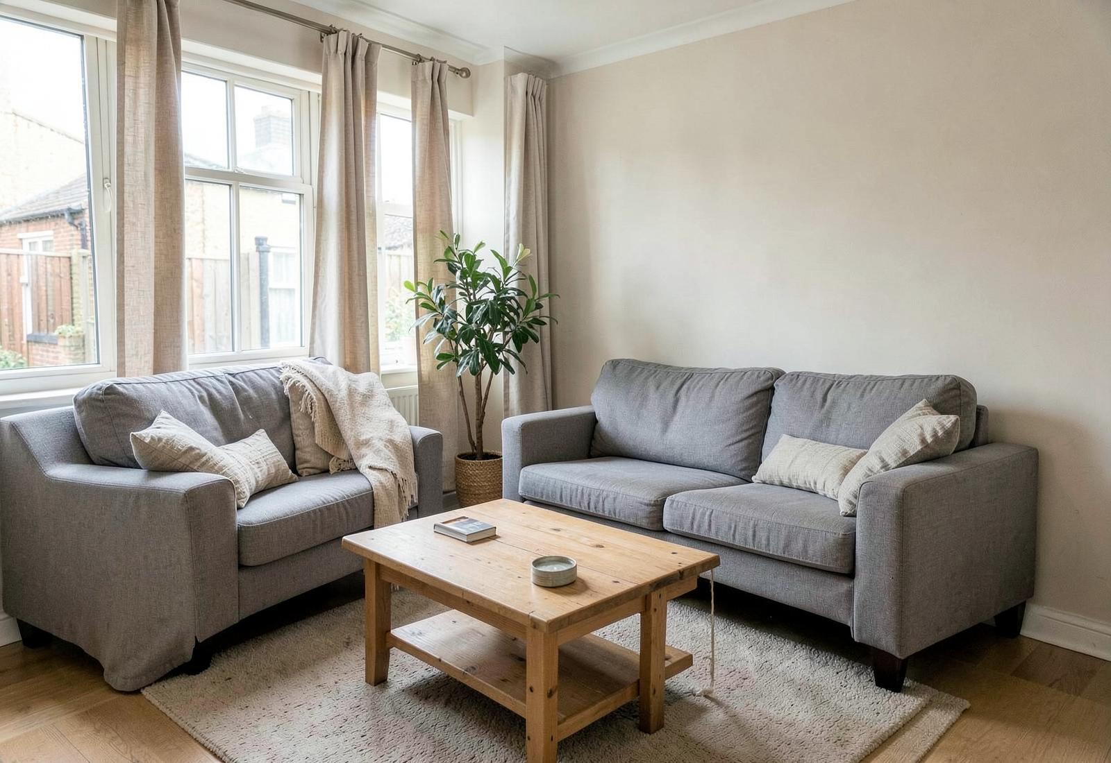 Bright, simply furnished living room in a UK rental flat